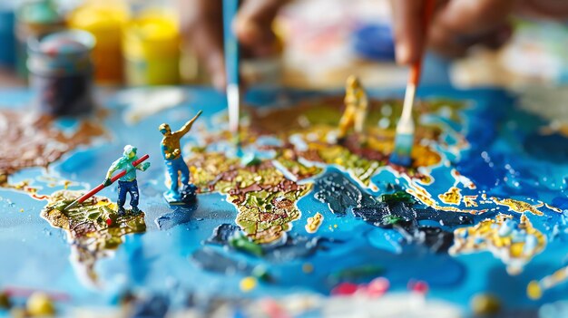 Photo miniature figurines painting the world map with a paintbrush