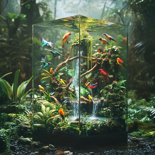 Photo miniature forest filled with birds held in glass