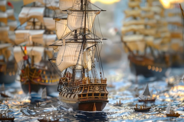 Photo miniature galleon sailing on a sea of dreams