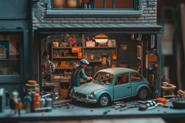 Photo miniature garage scene with mechanic and vintage car