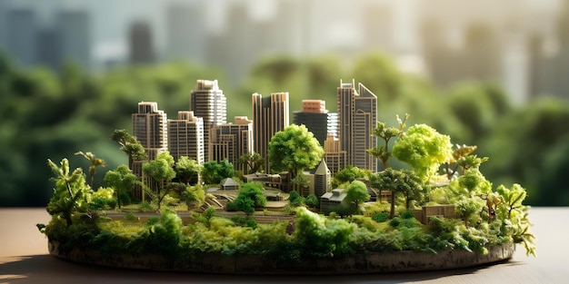 Miniature green city model with skyscrapers and trees symbolizing sustainable urban development Concept Ecofriendly Design Sustainable Cities Green Urban Planning Miniature City Model