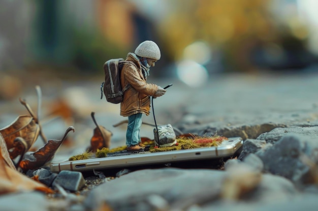 Miniature hiker using smartphone for gps navigation on top of mobile phone