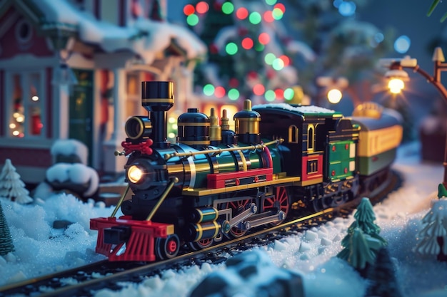 Miniature holiday train in snowy winter village scene