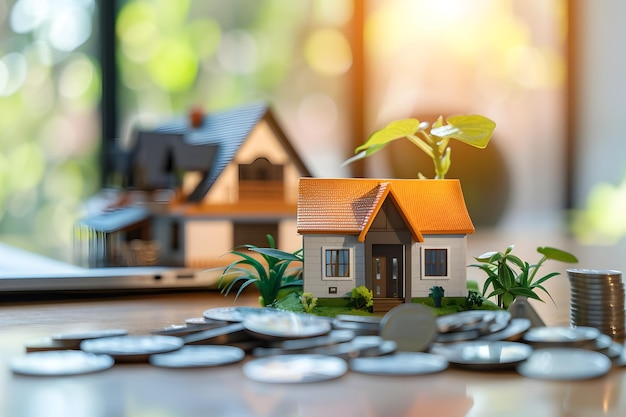 Miniature Home on Coins in a Money Themed Cityscape