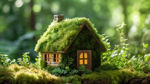 Miniature house covered with moss and greenery set in a lush mossy landscape with beams of sunlight filtering through the background