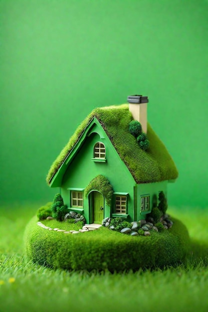 Miniature house on green grass with copy space for your text