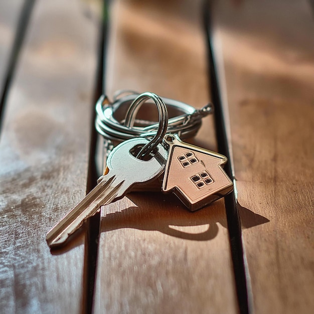 Photo a miniature house and a key together in the frame evoke the essence of buying a new home and securing property