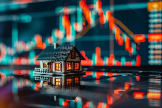 Miniature house model against stock market charts Housing market