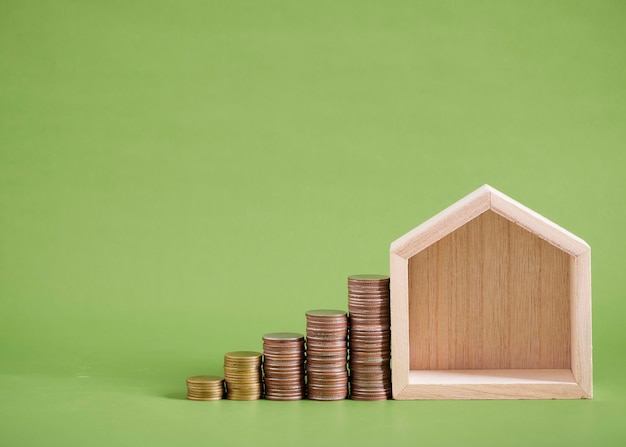 Miniature house model with coins stacks