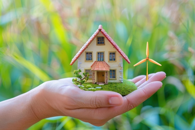 A Miniature House Model with Wind Turbine on a Hand in Green Grass