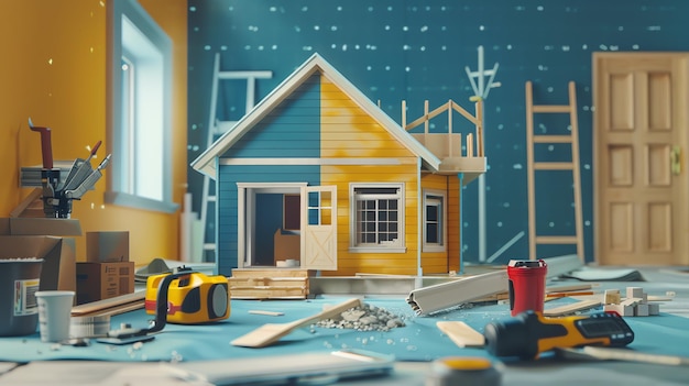 A miniature house sits in a room under construction surrounded by tools and building materials