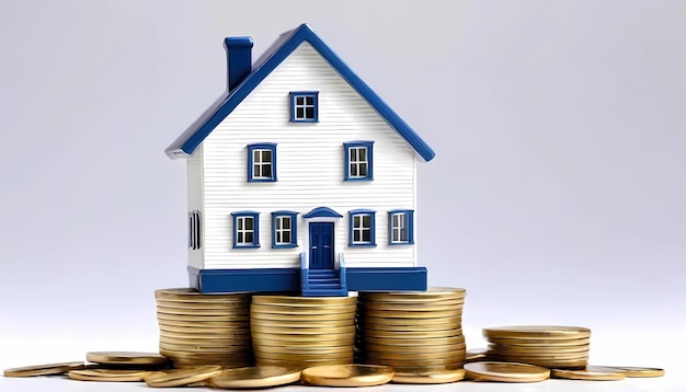 Miniature house and stack of coins isolated on white background Home financing investment