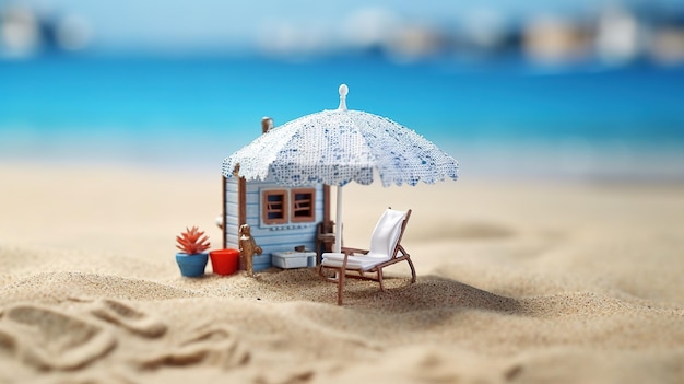 Miniature house and umbrella on beachGenerative Ai