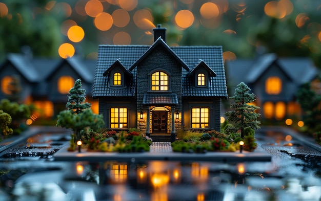 Miniature house with Christmas lights reflecting in pool of water