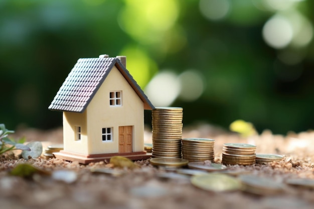 Miniature house with a stack of coins Financial investment involved in buying property Generative AI