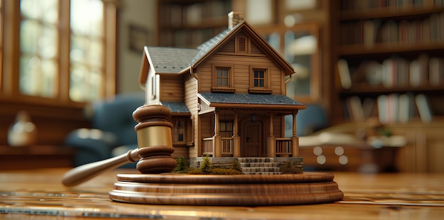 A miniature house on a wooden table with a gave