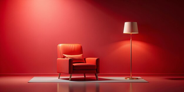 Photo miniature interior room with armchair and lamp on red background modern minimal concept 3d render illustration