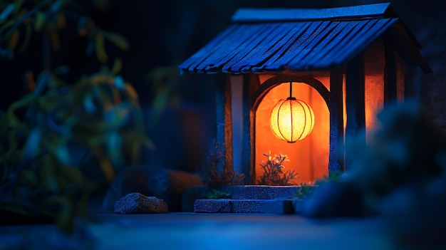 A miniature Japanese house with a lit lantern at the entrance surrounded by plants and rocks