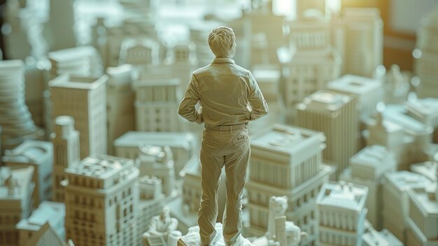 Photo the miniature man standing on the city model is looking at the highrise buildings