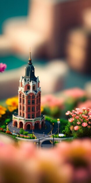 A miniature model of a building with a flower garden in the foreground