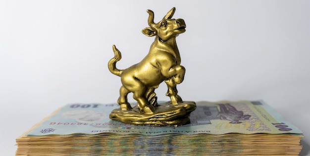 A miniature model of a bull with banknotes on black background Business concept, stock exchange