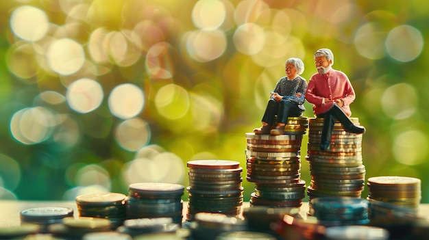 A miniature model of an elderly couple sitting on top of stacks of coins