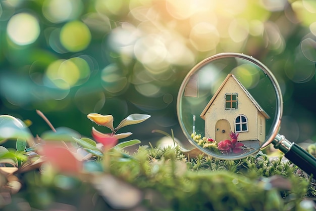 A miniature model of a house being examined with a magnifying glass symbolizing the home inspection process