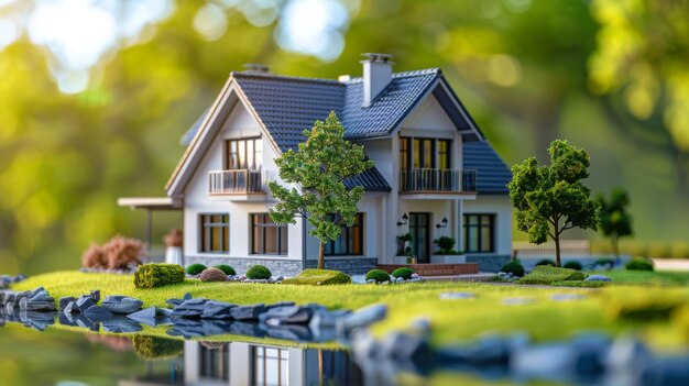 Miniature model of a house by a reflective pond surrounded by lush greenery in a serene setting