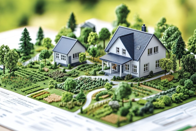 Photo miniature model houses with lush green gardens on a blueprint symbolizing homeownership and real estate development