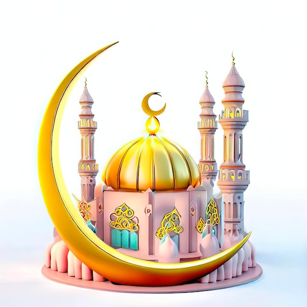 A miniature model of a mosque with a crescent moon in the background.