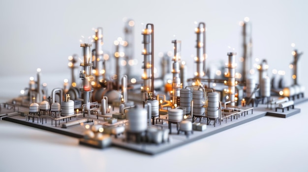 Miniature model of an oil refinery working at night