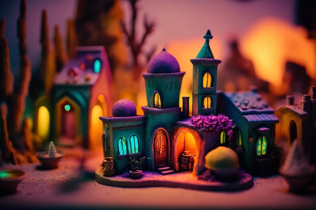 A miniature model of a small village with a lit up house in the background.