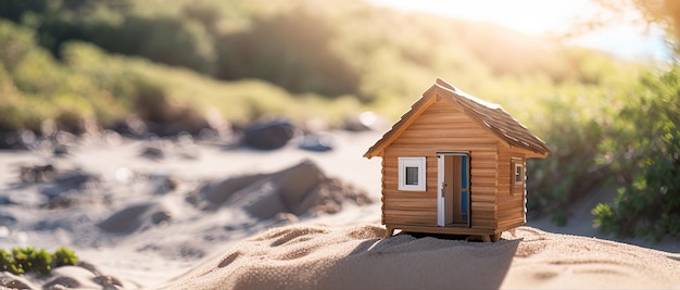 Miniature model of a wooden house on the coast the concept of real estate by the sea Generative AI