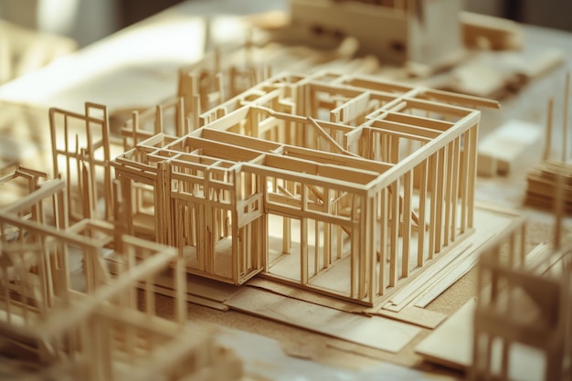 Photo miniature model of wooden house framework under construction showcases architectural design process