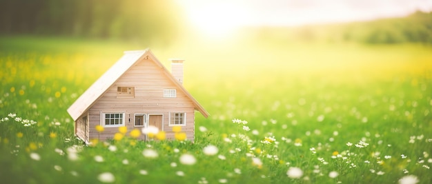 Miniature model of a wooden house on a meadow the concept of suburban real estate in the village