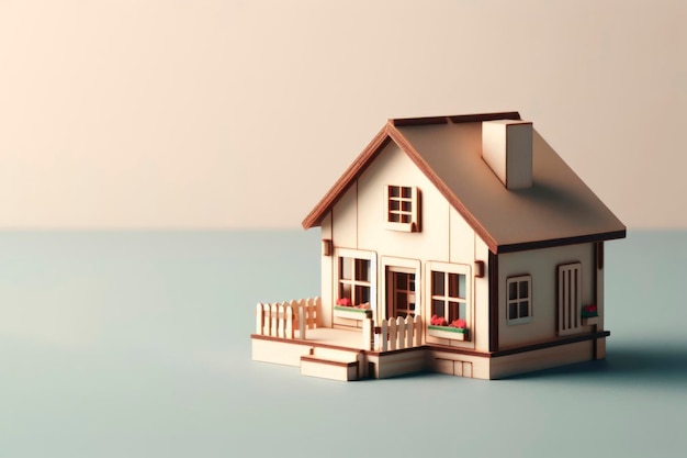 Miniature model of a wooden toy doll house isolated on a flat color background ai generative