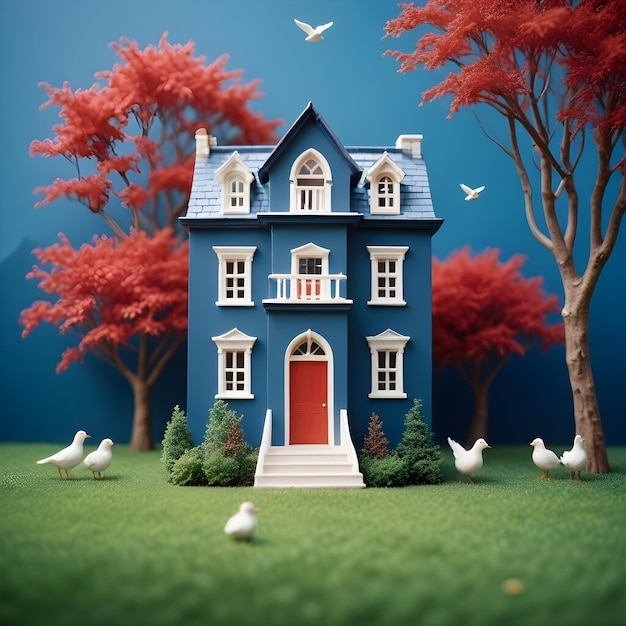 A miniature modern twostory house with a lawn and birds flying in the sky