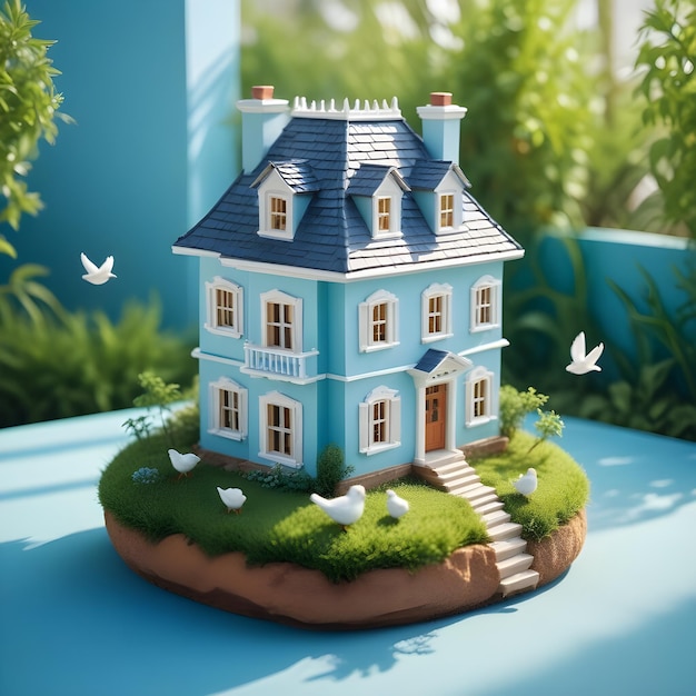 A miniature modern twostory house with a lawn and birds flying in the sky