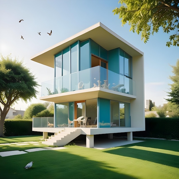 A miniature modern twostory house with a lawn and birds flying in the sky