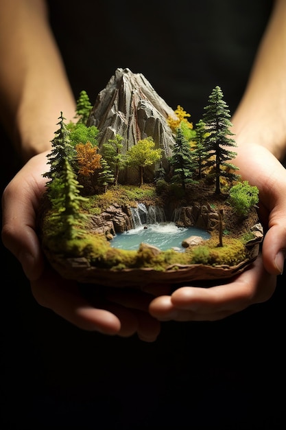 A miniature mountain lightly embraced with both hands