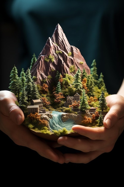 A miniature mountain lightly embraced with both hands