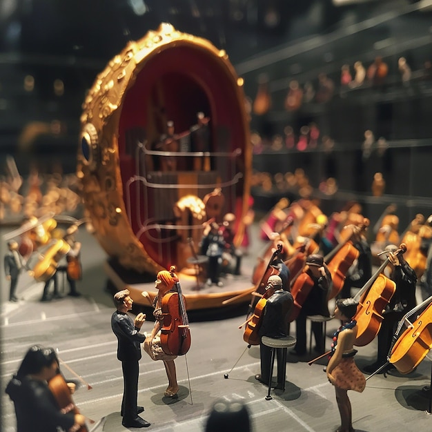 a miniature music concert happening around a larger than life earbud