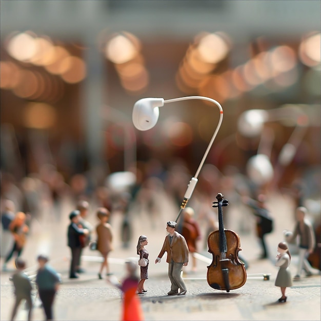 a miniature music concert happening around a larger than life earbud