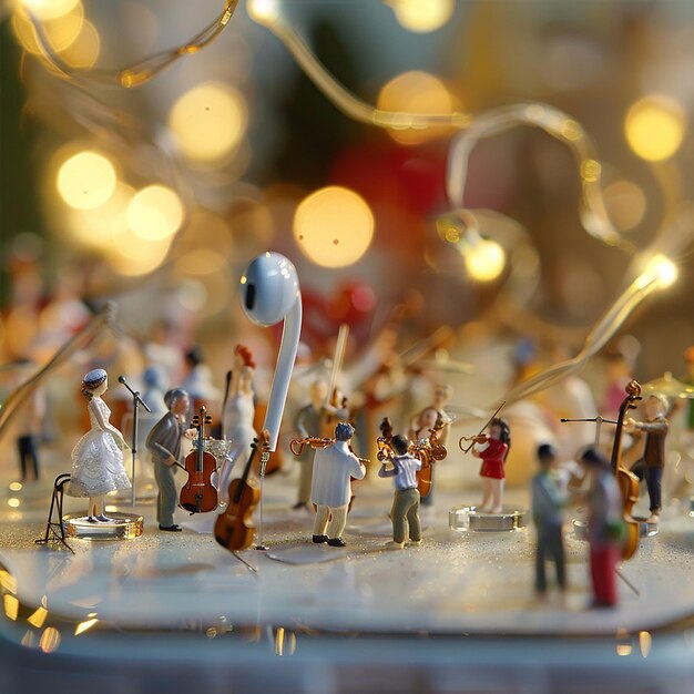 a miniature music concert happening around a larger than life earbud