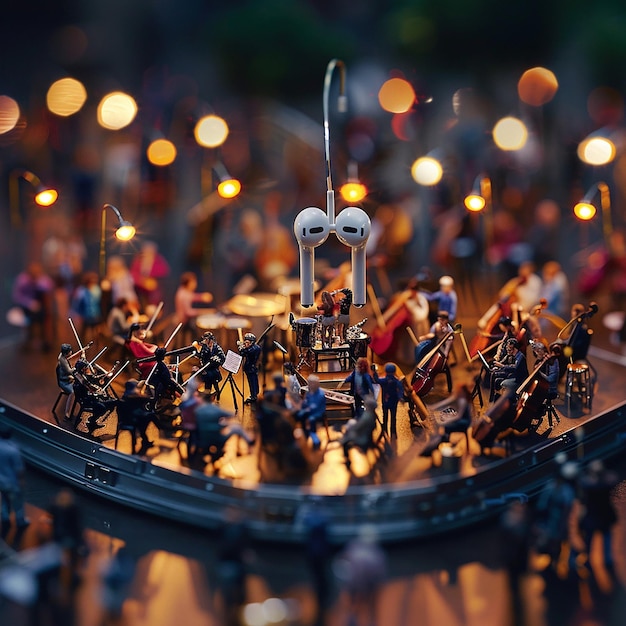 a miniature music concert happening around a larger than life earbud