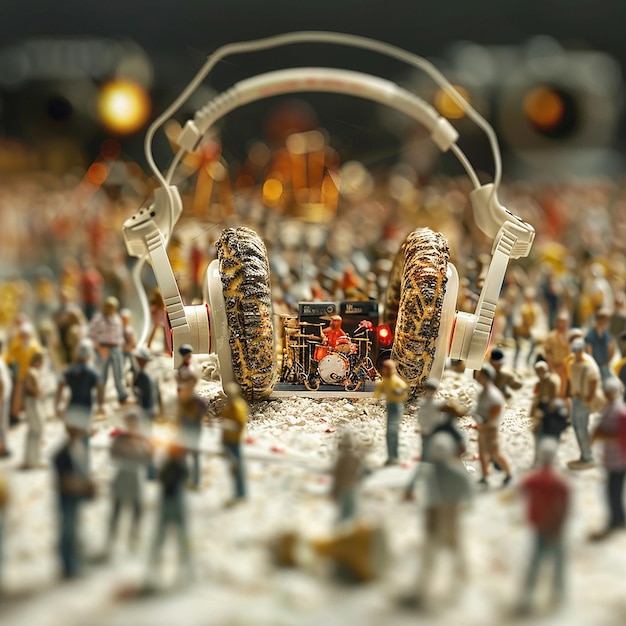 a miniature music concert happening around a larger than life earbud