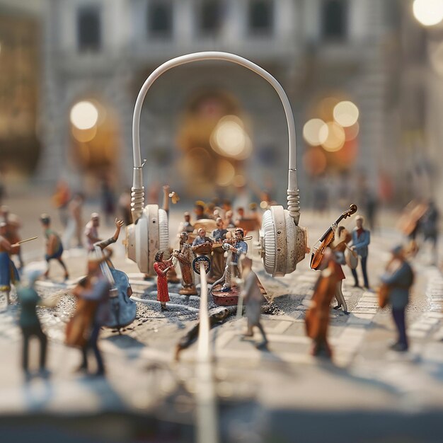 a miniature music concert happening around a larger than life earbud