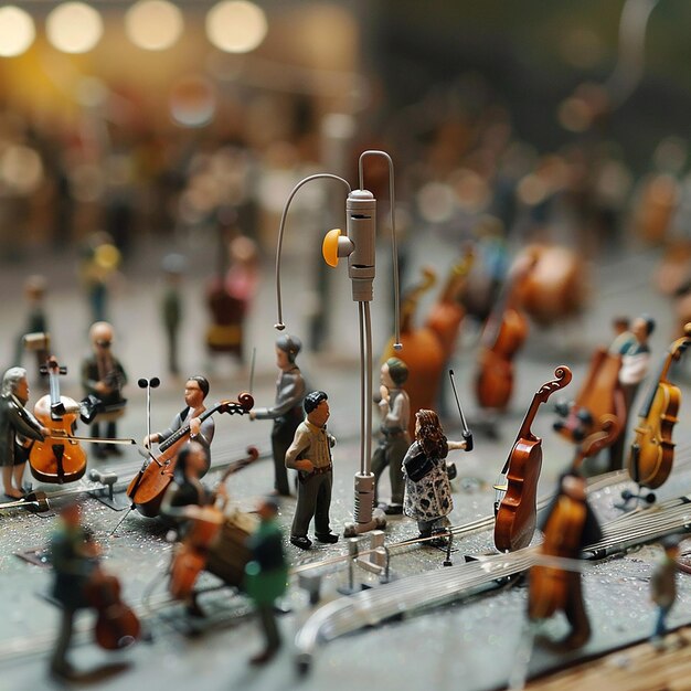 a miniature music concert happening around a larger than life earbud