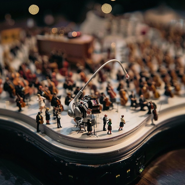 Photo a miniature music concert happening around a larger than life earbud