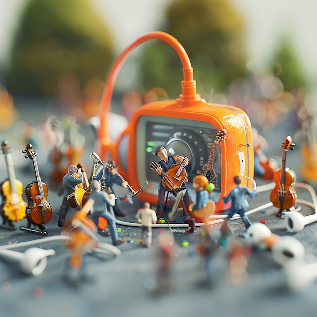 Photo a miniature music concert happening around a larger than life earbud